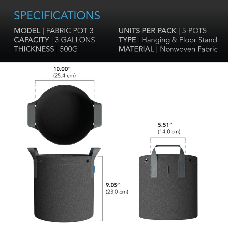 AC Infinity Heavy-Duty Round Fabric Pot (5-PACK) - 3 Gallon - Indoor Farmer