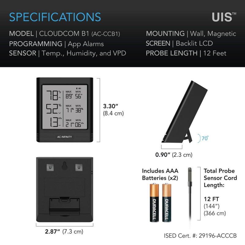 AC Infinity CLOUDCOM B1 Smart Thermo - Hygrometer with 12 FT Sensor Probe - Indoor Farmer