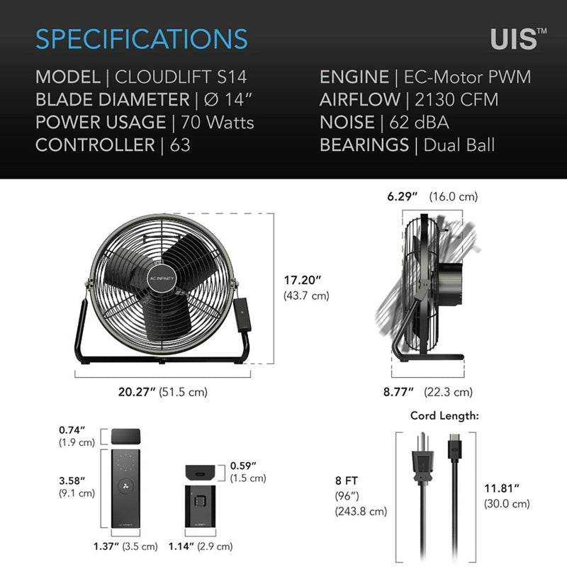 AC Infinity CLOUDLIFT S14 Floor Wall Fan with Wireless Controller (14 INCH) - Indoor Farmer