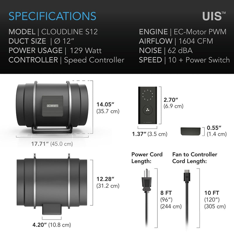 AC Infinity CLOUDLINE PRO S12 Inline Fan with Speed Controller (1604 CFM) - Indoor Farmer