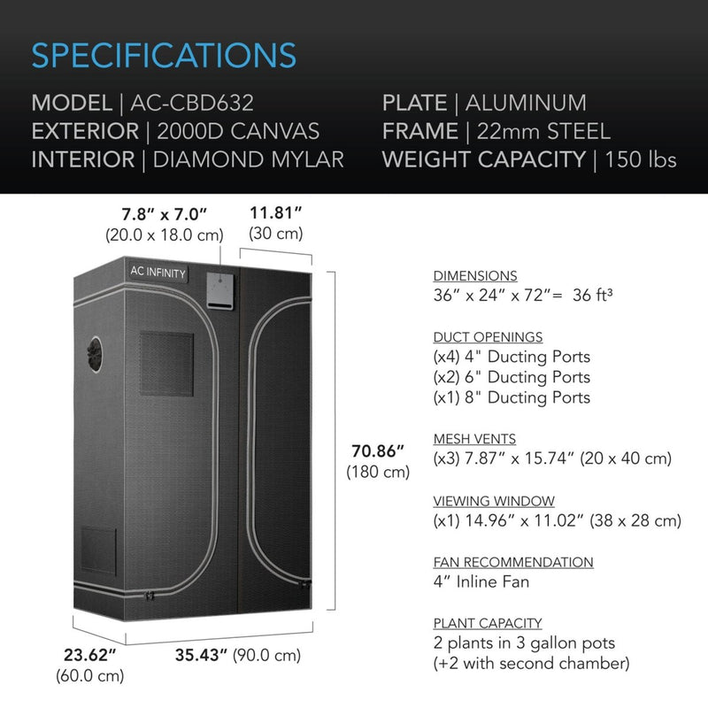 ac infinity 2 in 1 grow tent AC Infinity CLOUDLAB 632D 2-IN-1 Advance Grow Tents 36" X 24" X 72"