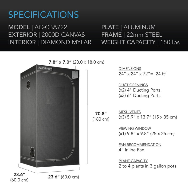 2x2x6 grow tent AC Infinity CLOUDLAB 722 Advance Grow Tent 24" X 24" X 72"