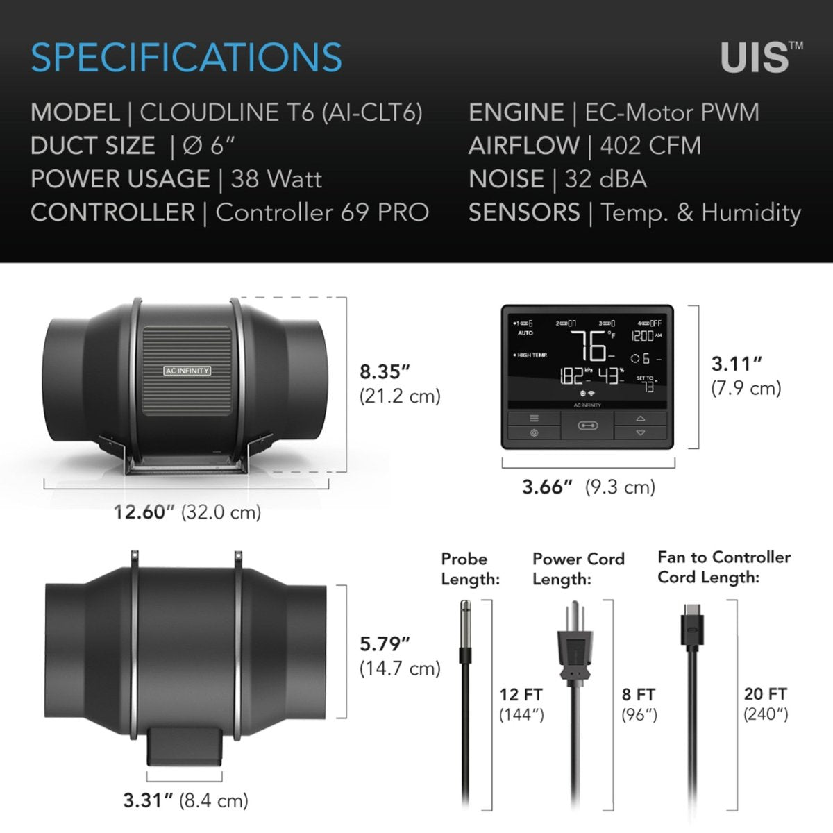 AC Infinity CLOUDLINE PRO T6 Inline Fan with Temp, Humidity, VPD Contr