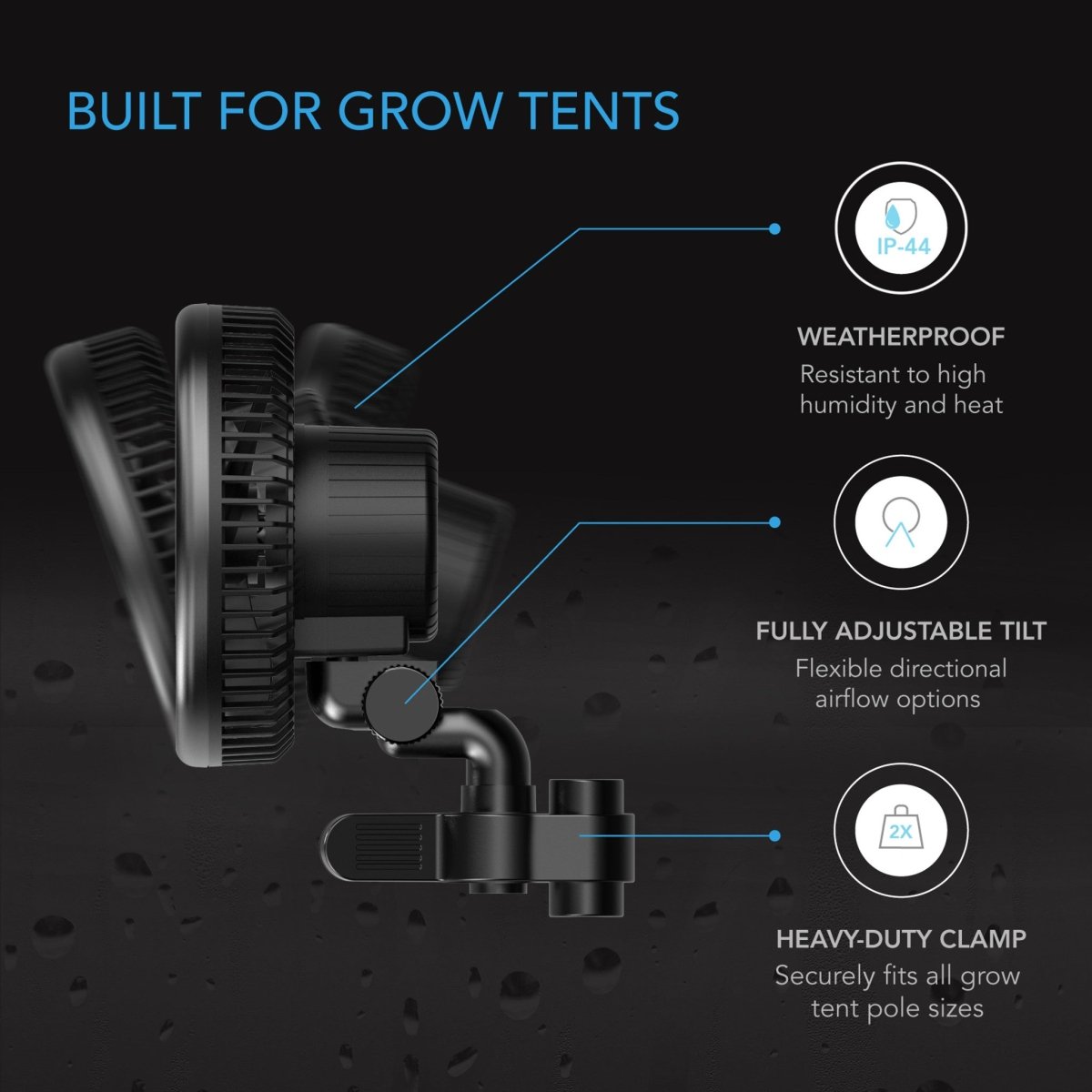 AC Infinity CLOUDRAY A9 9" Grow Tent Clip Fan – Weatherproof IP-54, Manual Swivel