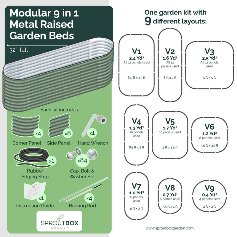 Sproutbox Modular 9 in 1 Metal Raised Garden Bed Kit 32" Tall - Indoor Farmer